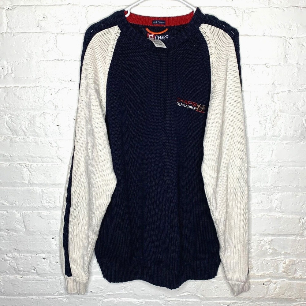 Vintage 90s Chaps Ralph Lauren 96 Hand Framed Sweater Size Large Blue NEW‎